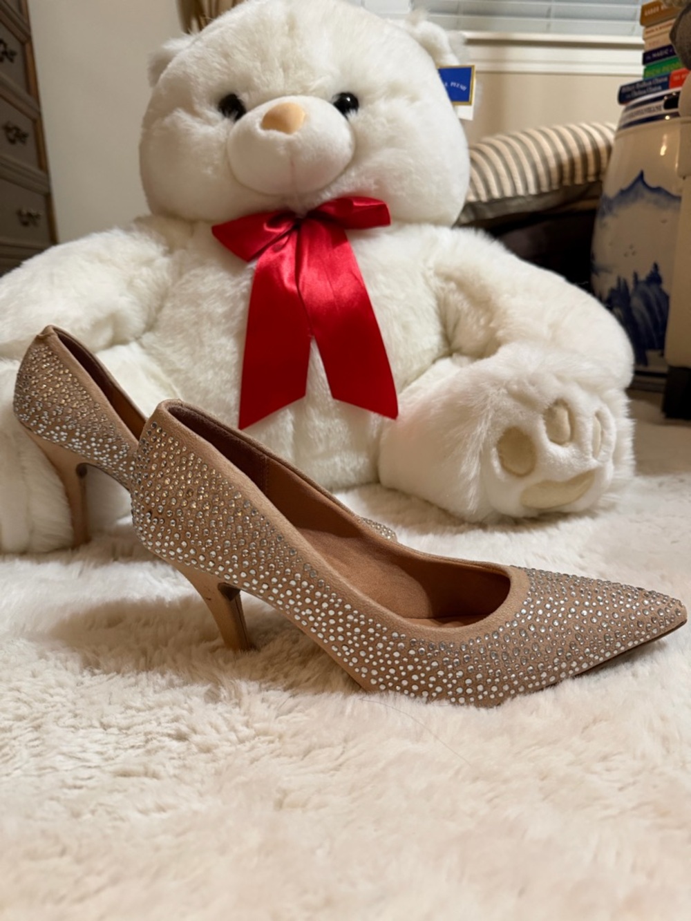 Vizzano Crystal-Studded Nude Pointed Toe Kitten Heels - Women's size 6